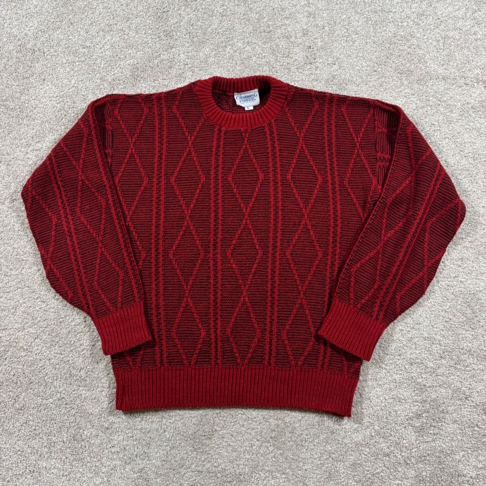 Charming Forge Mens Red Black Diamond Cable Knit Crewneck Sweater Made in USA L